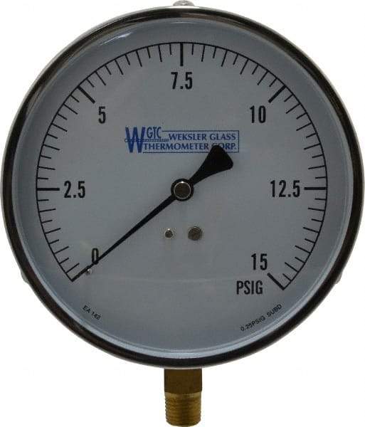 WGTC - 4-1/2" Dial, 1/4 Thread, 0-15 Scale Range, Pressure Gauge - Lower Connection Mount, Accurate to 1% of Scale - Americas Industrial Supply