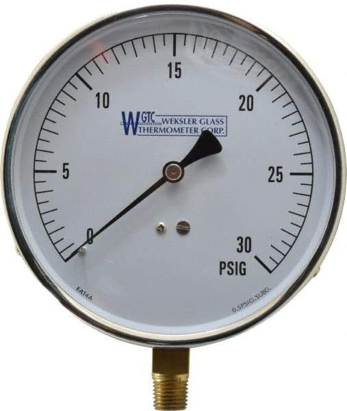 WGTC - 4-1/2" Dial, 1/4 Thread, 0-30 Scale Range, Pressure Gauge - Lower Connection Mount, Accurate to 1% of Scale - Americas Industrial Supply