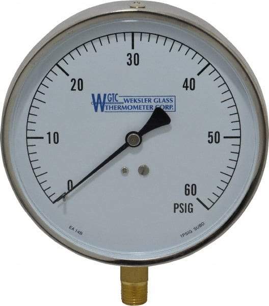 WGTC - 4-1/2" Dial, 1/4 Thread, 0-60 Scale Range, Pressure Gauge - Lower Connection Mount, Accurate to 1% of Scale - Americas Industrial Supply