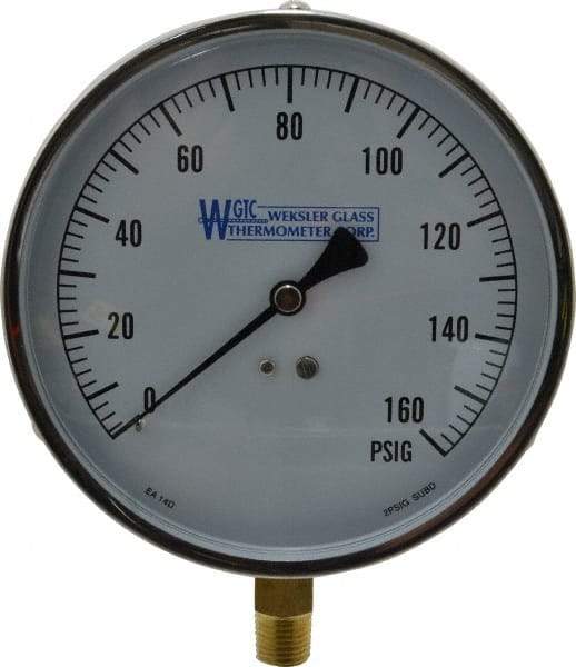 WGTC - 4-1/2" Dial, 1/4 Thread, 0-160 Scale Range, Pressure Gauge - Lower Connection Mount, Accurate to 1% of Scale - Americas Industrial Supply