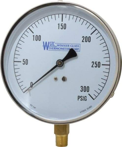 WGTC - 4-1/2" Dial, 1/4 Thread, 0-300 Scale Range, Pressure Gauge - Lower Connection Mount, Accurate to 1% of Scale - Americas Industrial Supply
