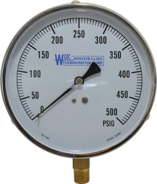 WGTC - 4-1/2" Dial, 1/4 Thread, 0-500 Scale Range, Pressure Gauge - Lower Connection Mount, Accurate to 1% of Scale - Americas Industrial Supply