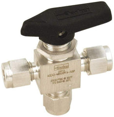 Parker - 1/8" Pipe, Stainless Steel, Three Way, Instrumentation Ball Valve - 2,500 psi WOG Rating, Wedge Handle, PFA Seat - Americas Industrial Supply