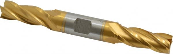 Hertel - 9/16", 1-3/8" LOC, 5/8" Shank Diam, 5" OAL, 4 Flute, High Speed Steel Square End Mill - Double End, TiN Finish, Spiral Flute, 30° Helix, Centercutting, Right Hand Cut, Right Hand Flute - Americas Industrial Supply
