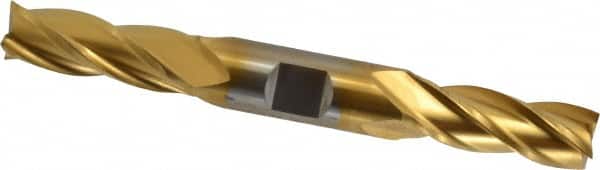 Cleveland - 9/16", 1-3/8" LOC, 5/8" Shank Diam, 5" OAL, 4 Flute, High Speed Steel Square End Mill - Double End, TiN Finish, Spiral Flute, 30° Helix, Centercutting, Right Hand Cut, Right Hand Flute, Series HD-4C - Americas Industrial Supply