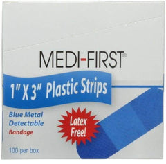 Medique - 3" Long x 1" Wide, General Purpose Self-Adhesive Bandage - Blue, Plastic Bandage, Metal Detectable - Americas Industrial Supply