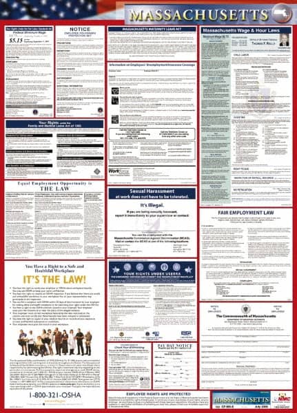 NMC - 24" Wide x 40" High Laminated Paper Labor Law Information Poster - Massachusetts Jurisdiction, 0.03" Thick, English - Americas Industrial Supply