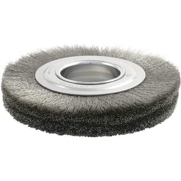 Brush Research Mfg. - 10" OD, 2" Arbor Hole, Crimped Stainless Steel Wheel Brush - 1-1/8" Face Width, 2" Trim Length, 3,600 RPM - Americas Industrial Supply