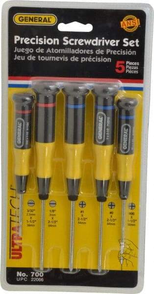 General - 5 Piece Phillips & Slotted Screwdriver Set - Electrician Shank, Plastic Handle, Blade Sizes: Length 1-1/2 & 2-1/2, Bit Sizes: Philips #00 to #1, Tip Thickness: 3/32 & 1/8 - Americas Industrial Supply
