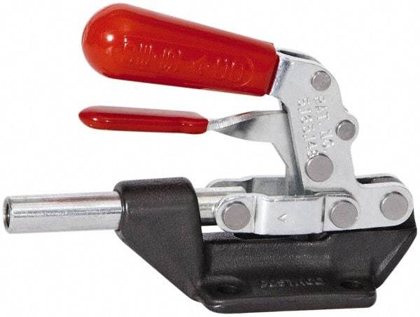 De-Sta-Co - 600 Lb Load Capacity, Flanged Base, Carbon Steel, Standard Straight Line Action Clamp - 4 Mounting Holes, 0.27" Mounting Hole Diam, 0.44" Plunger Diam, Straight Handle - Americas Industrial Supply