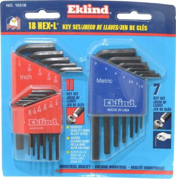 Eklind - 18 Piece L-Key Hex Key Set - Hex Range 0.05 to 1/4" - Americas Industrial Supply