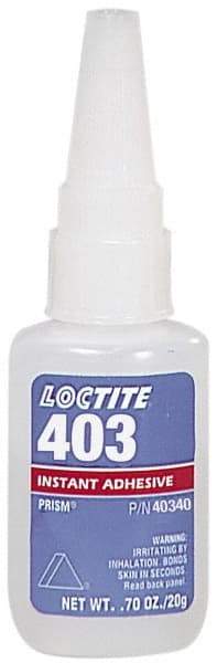 Loctite - 0.70 oz Bottle Clear Instant Adhesive - Series 403, 50 sec Fixture Time, 24 hr Full Cure Time, Bonds to Plastic & Rubber - Americas Industrial Supply