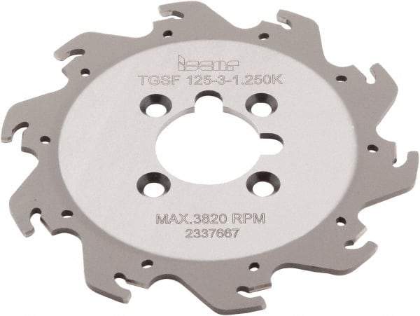 Iscar - Arbor Hole Connection, 0.118" Cutting Width, 1.36" Depth of Cut, 4.921" Cutter Diam, 1-1/4" Hole Diam, 10 Tooth Indexable Slotting Cutter - TGSF Toolholder, TAG N3\x85 Insert, Right Hand Cutting Direction - Americas Industrial Supply