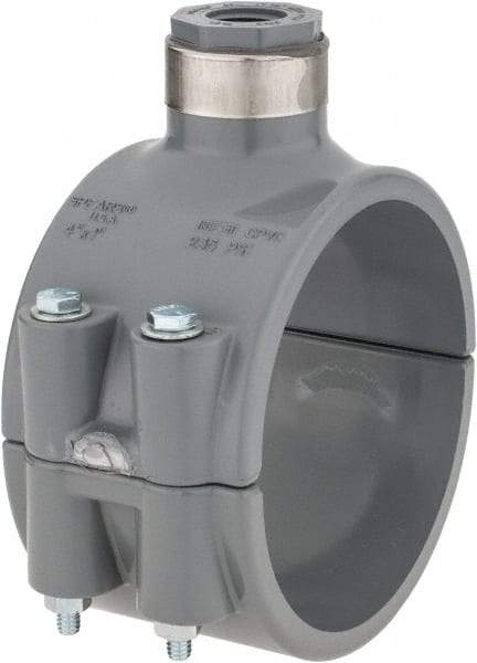 Value Collection - 4 x 1/2" CPVC Plastic Pipe Clamp On Saddle with Viton O-Ring - Schedule 80, Pipe O.D. x SR Fipt End Connections - Americas Industrial Supply