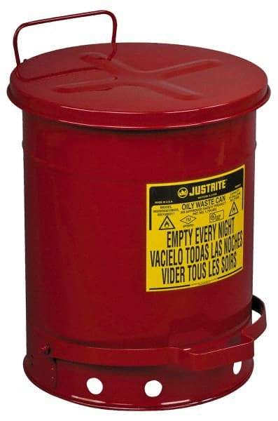 Justrite - 10 Gallon Capacity, Galvanized Steel Disposal Can - 13-15/16 Inch Wide/Diameter x 18-1/4 Inch High, Red, Foot Operated, Approved FM and UL - Americas Industrial Supply
