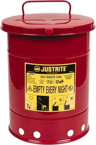 Justrite - 6 Gallon Capacity, Galvanized Steel Disposal Can - 11-7/8 Inch Wide/Diameter x 15-7/8 Inch High, Red, Hand Operated, Approved FM and UL - Americas Industrial Supply