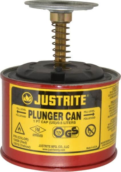 Justrite - 1 Pint Capacity, 5-1/4 Inch High x 4-7/8 Inch Diameter, Steel Plunger Can - 2-3/4 Inch Dasher Diameter, Red, Approval Listing/Regulation FM - Americas Industrial Supply