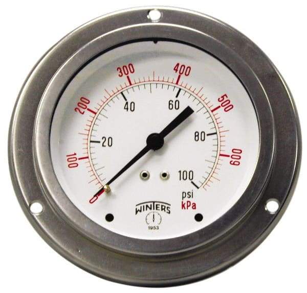 Winters - 2-1/2" Dial, 1/4 Thread, 0-30 Scale Range, Pressure Gauge - Front Flange Panel Mount, Center Back Connection Mount, Accurate to 1.5% of Scale - Americas Industrial Supply