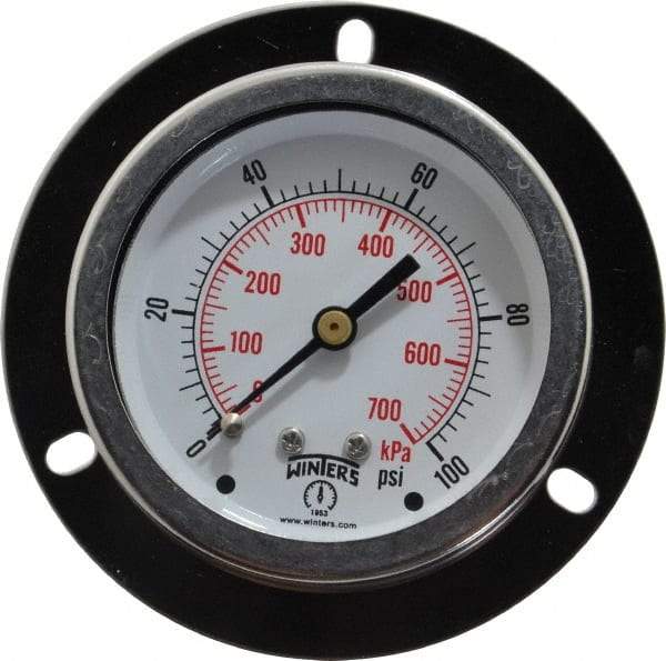 Winters - 2-1/2" Dial, 1/4 Thread, 0-100 Scale Range, Pressure Gauge - Front Flange Panel Mount, Center Back Connection Mount, Accurate to 1.5% of Scale - Americas Industrial Supply