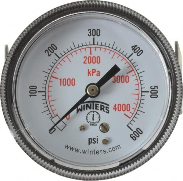 Winters - 2-1/2" Dial, 1/4 Thread, 0-600 Scale Range, Pressure Gauge - U-Clamp Panel Mount, Center Back Connection Mount, Accurate to 2.5% of Scale - Americas Industrial Supply