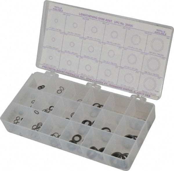 Precision Brand - 270 Piece, 1/4 to 3/4" Screw, Spring Steel Flat Washer Assortment - Includes (15) 0.187 to 0.296 Inside x 0.248 to 0.371 Out Side Diam, (30) 0.171 to 0.289 Inside x 0.248 to 308 OD Washer & Compartmented Storage Case - Americas Industrial Supply