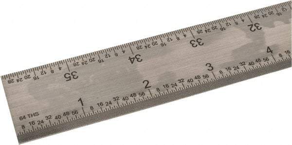 SPI - 36" Long, 1/100, 1/64, 1/50, 1/32" Graduation, Rigid Steel Rule - 16R Graduation Style, 1-1/4" Wide, Silver, Satin Chrome Finish - Americas Industrial Supply