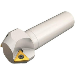 Iscar - 60° Lead Angle, 39.4mm Max Cut Diam, 25mm Min Cut Diam, 12.3mm Max Depth of Cut, Indexable Chamfer and Angle End Mill - 2 Inserts, TPMT Insert Style, 100mm Overall Length, Straight Shank - Americas Industrial Supply