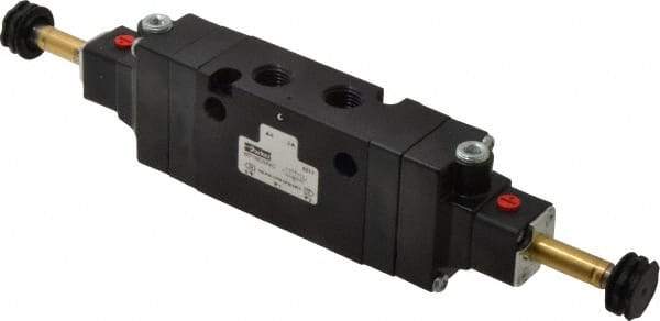 Parker - 1/4" NPT Port, Double Solenoid, 3 Position Valveless Coil, Aluminum Solenoid Valve - Center Exhaust Open, 145 Max PSI, Buna-N Seal - Americas Industrial Supply