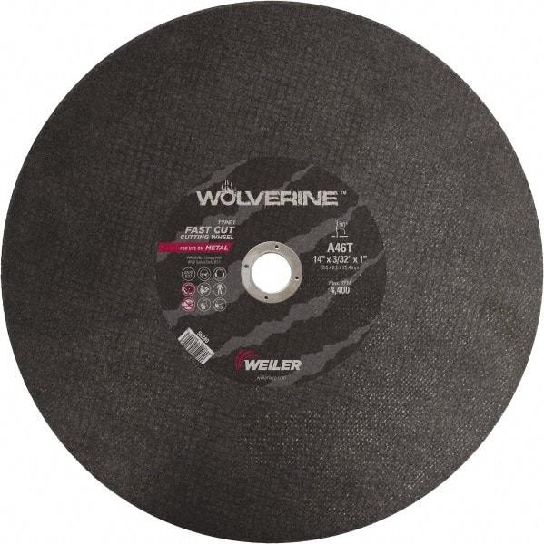 Weiler - 14" 46 Grit Aluminum Oxide Cutoff Wheel - 3/32" Thick, 1" Arbor, 4,400 Max RPM, Use with Chop Saws - Americas Industrial Supply