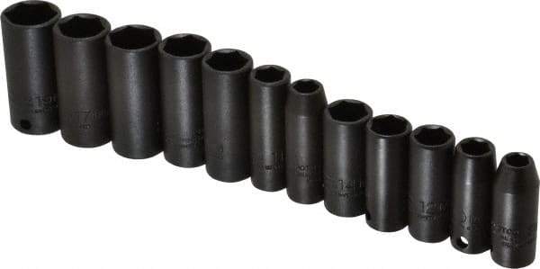 Proto - 12 Piece 3/8" Drive Black Finish Deep Well Impact Socket Set - 6 Points, 8mm to 19mm Range, Metric Measurement Standard - Americas Industrial Supply