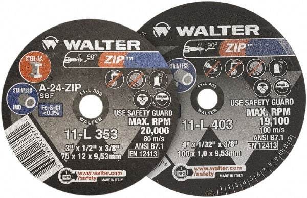 WALTER Surface Technologies - 4" 24 Grit Aluminum Oxide Cutoff Wheel - 1/4" Thick, 3/8" Arbor, 19,100 Max RPM, Use with Die Grinders - Americas Industrial Supply