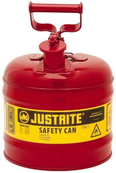 Justrite - 2 Gal Galvanized Steel Type I Safety Can - 13-3/4" High x 9-1/2" Diam, Red with Yellow - Americas Industrial Supply