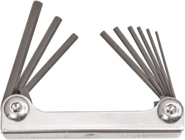 Bondhus - 9 Piece Fold-Up Ball End Hex Key Set - Hex Range 0.05 to 3/16", 4" OAL, Protanium High Torque Steel - Americas Industrial Supply