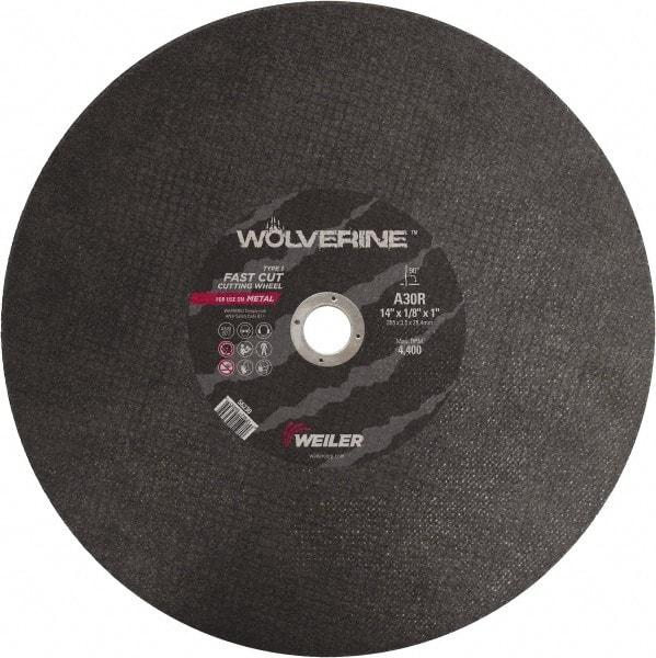 Weiler - 14" 30 Grit Aluminum Oxide Cutoff Wheel - 1/8" Thick, 1" Arbor, 4,400 Max RPM, Use with Chop Saws - Americas Industrial Supply