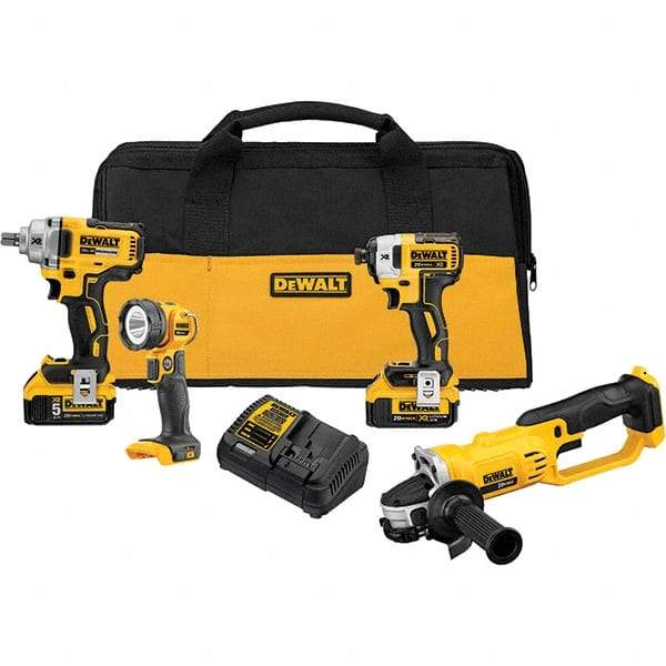 DeWALT - 20 Volt Cordless Tool Combination Kit - Includes Impact Wrench; Impact Driver; Cut-Off Tool; Handheld Light, Lithium-Ion Battery Included - Americas Industrial Supply