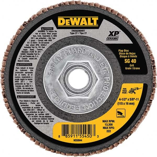 DeWALT - 4-1/2" 40 Grit 5/8-11 Center Hole Type 27 Ceramic Flap Disc - Americas Industrial Supply