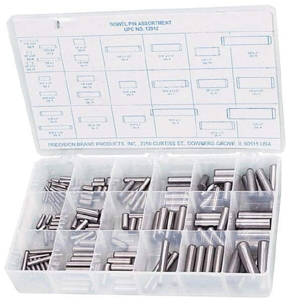Precision Brand - 176 Piece, 1/16 to 1/2" Pin Diam, Dowel Pin Assortment - 1/2 to 2" Long, Steel, Uncoated - Americas Industrial Supply