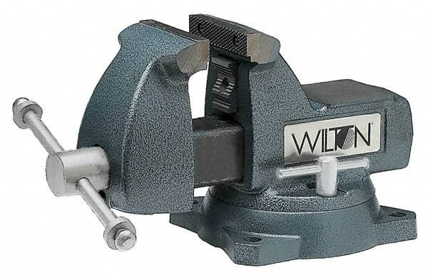 Wilton - 8" Jaw Width x 8-1/4" Jaw Opening Capacity, 4-3/4" Throat Depth, Bench & Pipe Combination Vise - 1/4 to 3-1/2" Pipe Capacity, Swivel Base, Bolt Down Attachment, Ductile Iron - Americas Industrial Supply