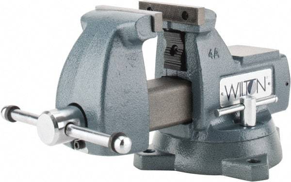 Wilton - 4" Jaw Width x 4-1/2" Jaw Opening Capacity, 3-7/16" Throat Depth, Bench & Pipe Combination Vise - 1/4 to 2" Pipe Capacity, Swivel Base, Bolt Down Attachment, Ductile Iron - Americas Industrial Supply