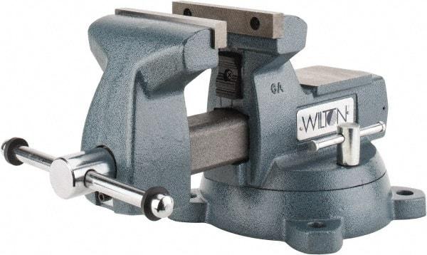 Wilton - 6" Jaw Width x 5-3/4" Jaw Opening Capacity, 4-1/8" Throat Depth, Bench & Pipe Combination Vise - 1/4 to 3-1/2" Pipe Capacity, Swivel Base, Bolt Down Attachment, Ductile Iron - Americas Industrial Supply