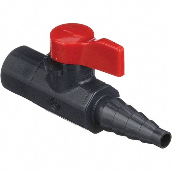 Asahi/America - 1/4" Pipe, Full Port, PVC Ball Valve - 1 Piece, FNPT X Barb Ends, Tee Handle, 150 WOG - Americas Industrial Supply