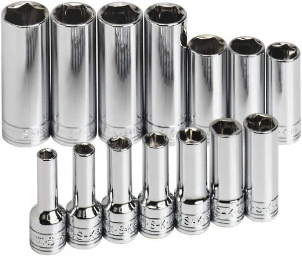 SK - 14 Piece 3/8" Drive Tethered Thin Wall Deep Socket Set - 6 Points, 6 to 19mm, Metric Measurement Standard - Americas Industrial Supply