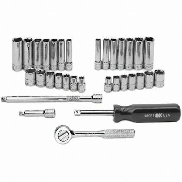 SK - 1/4" Drive Standard Deep Socket Set - 1/4 to 1/2", 6 to 12mm, Inch/Metric Measurement Standard - Americas Industrial Supply