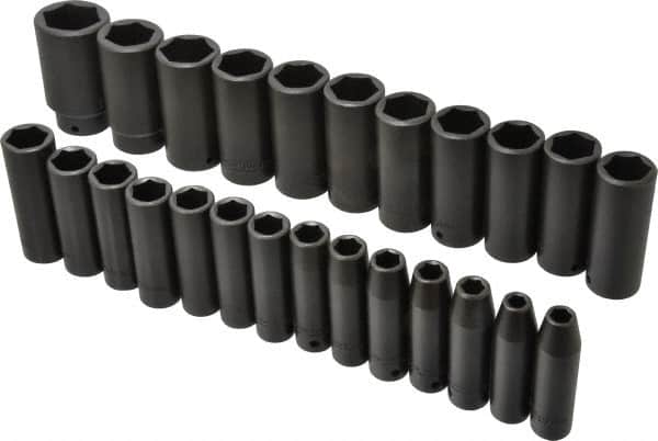 Proto - 25 Piece 1/2" Drive Deep Well Impact Socket Set - 6 Points, 8mm to 36mm Range, Metric Measurement Standard - Americas Industrial Supply