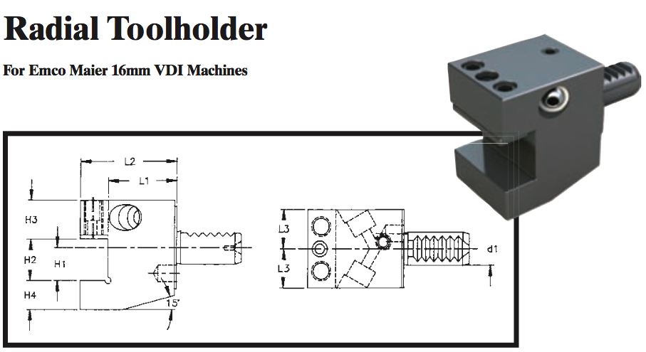Radial Toolholder (For Emco Maier 16mm VDI Machines) - Part #: CNC86 E45.1616 - Americas Industrial Supply