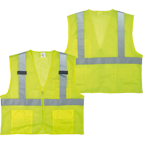 Class 2 Mesh Vest; Contrasting Color Strip, Zipper Closure, Outside Pocket - 2XL - Americas Industrial Supply