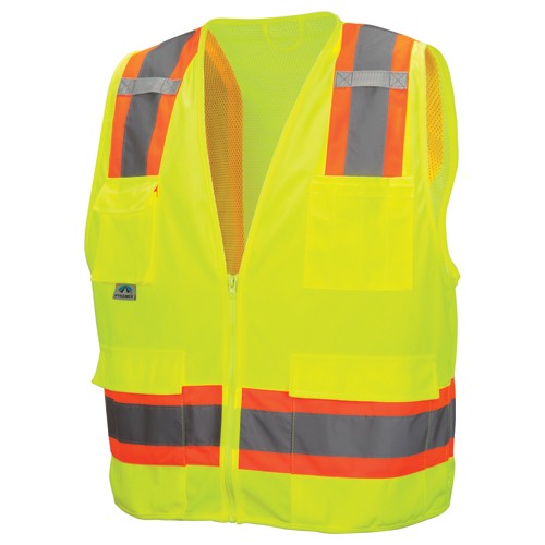 Class 2 Surveyors' Vest; Contrasting Color Strip, Zipper Closure, 8 Pockets - M - Americas Industrial Supply