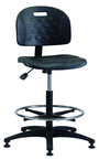 Polyurethane Task Stool - Standard Glides, Casters Optional, Pneumatic Hgt. Adj., Waterfall Seat, Adj. Contoured Backrest, Black Plastic ABS Base, 20" Adj. Footring, Bench Hgt 22.5" - 32.5" - Americas Industrial Supply