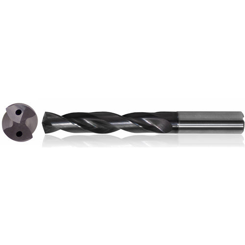 1/2″ Dia. × 14 mm Shank × 77 mm Flute Length × 124 mm OAL, 5xD, TiAlN, 2 Flute, Coolant Thru, h6, Cylindrical, Solid Carbide Drill Series/List #5612 - Exact Industrial Supply