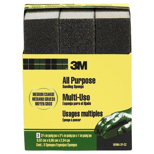 3M General Purpose Sanding Sponge 909NA-3P-CC 3 3/4″ × 2 5/8″ × 1″ Dual Grit Medium/Coarse - Americas Industrial Supply